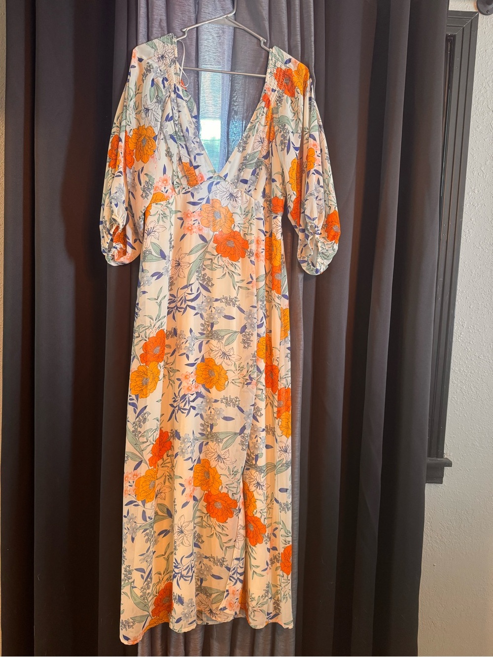 V-Neck Cream Maxi Dress with Orange Floral Print
